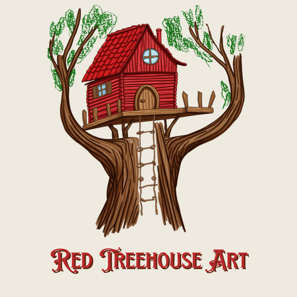 A colorful illustration of a red treehouse perched in a large tree, with a ladder leading up to it, accompanied by the text 'RED TREEHOUSE ART' at the bottom.
